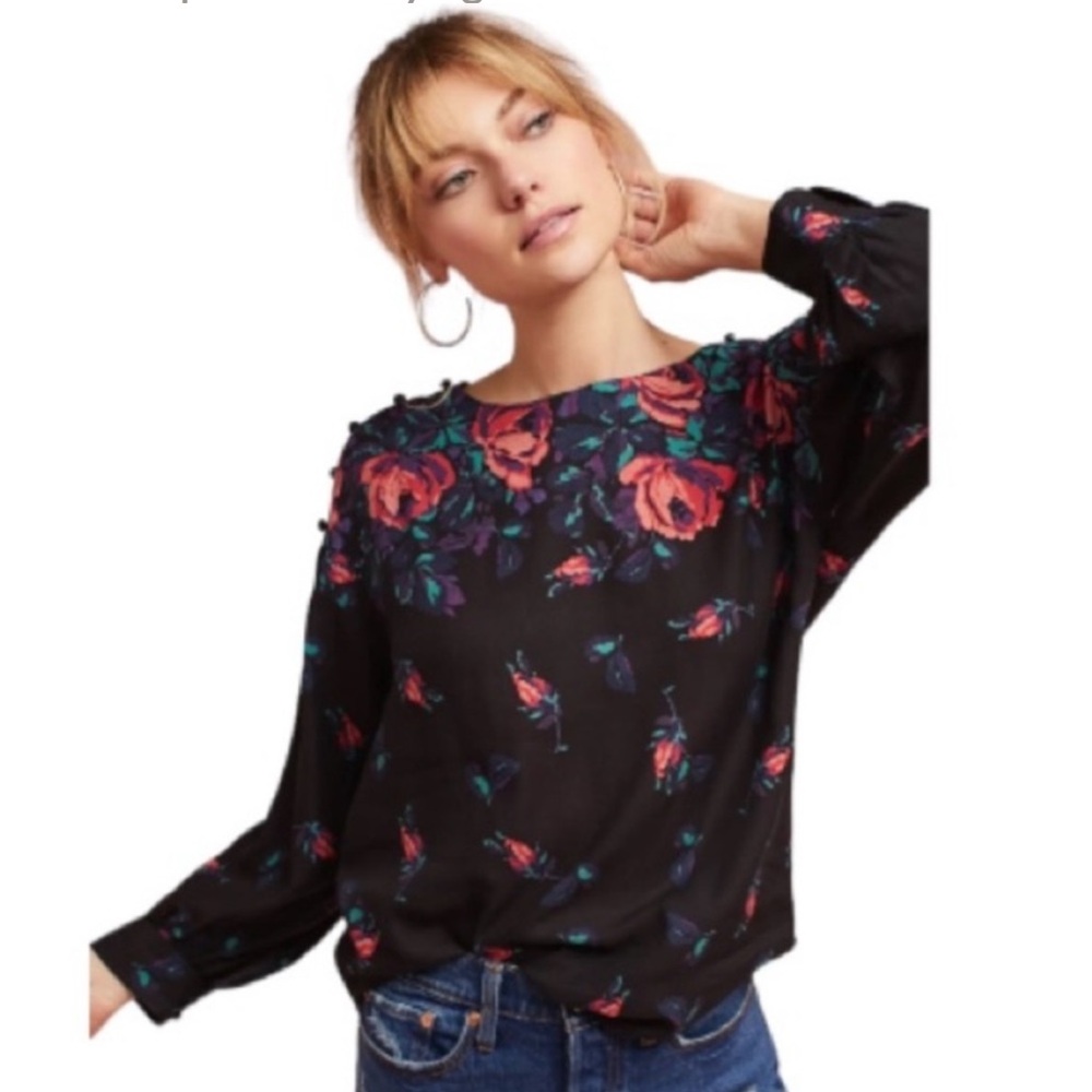Maeve Anthropologie Black Floral Blouse Long Sleeve Rose Print Button Size S